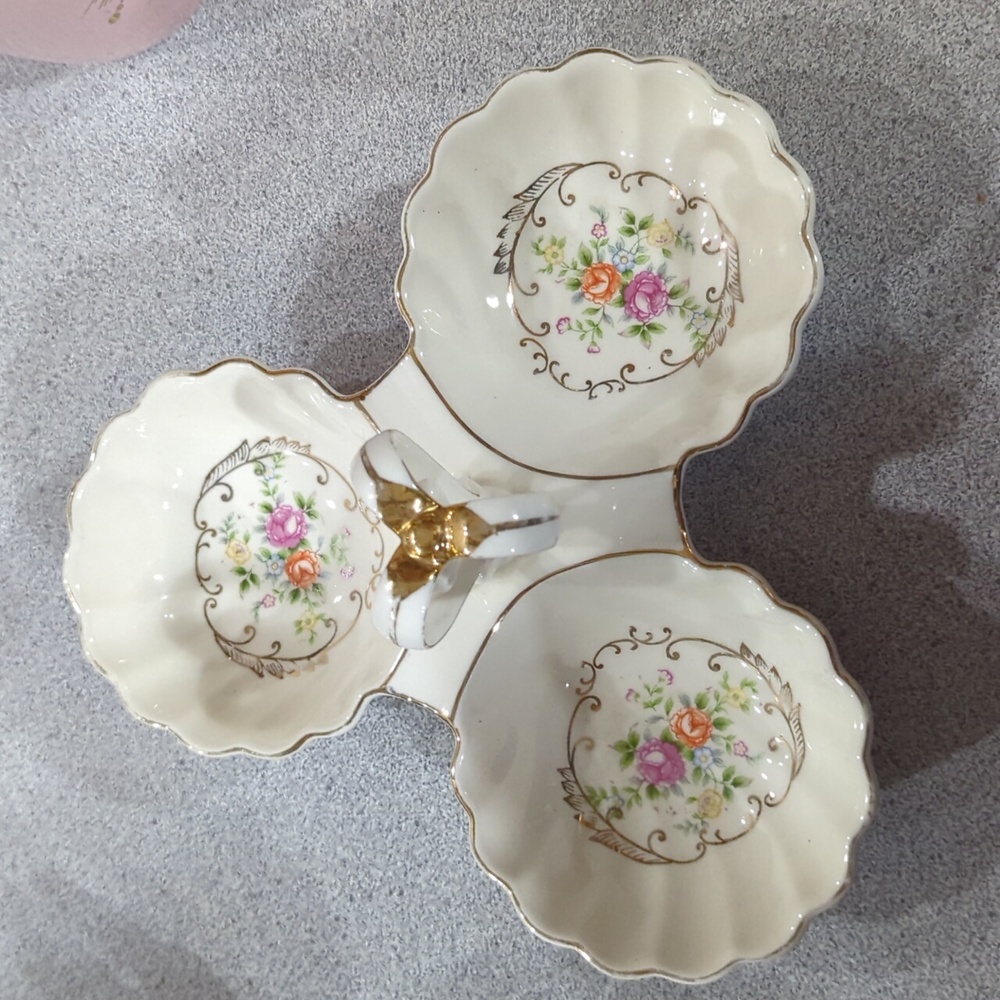 Vintage Hand Painted Candy Nut Dish Flowers Gold Handle, 3 Section Japan # 2748